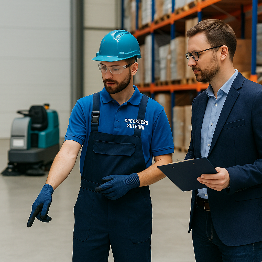 Ride-on floor scrubber cleaning an industrial floor