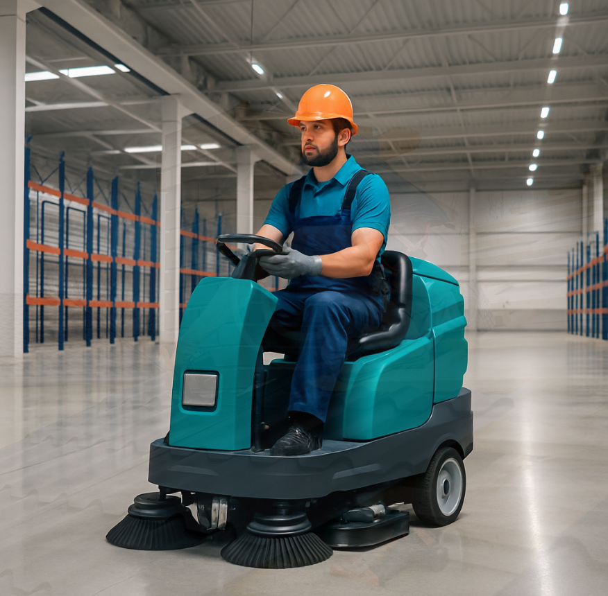 Ride-on floor scrubber in a warehouse